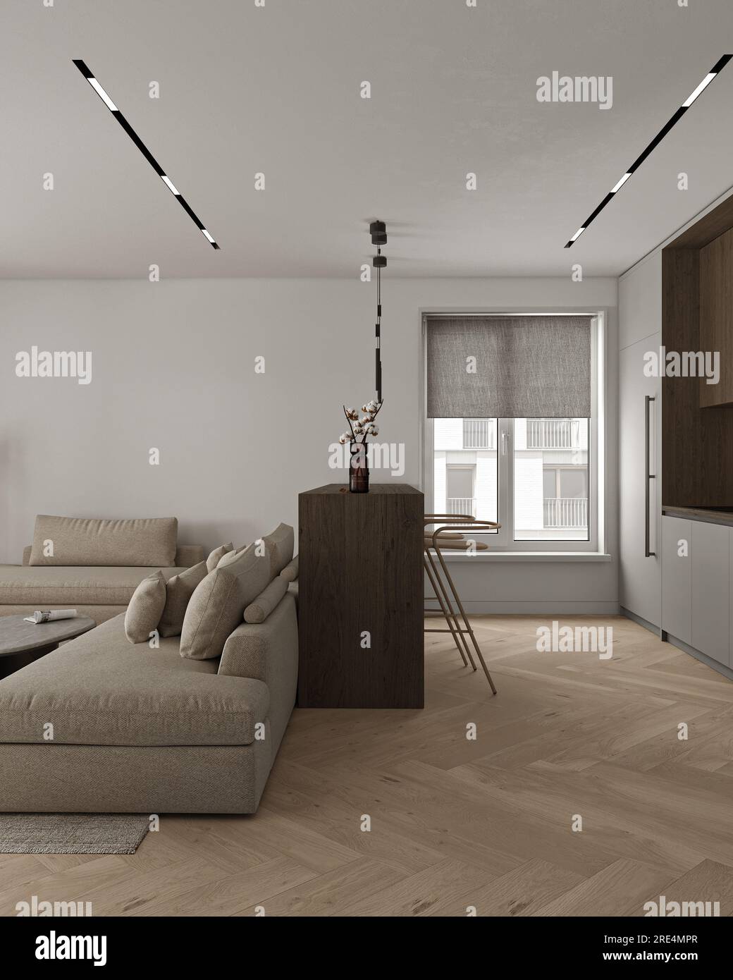 Japandi modern minimalism style beige livingroom with diningroom