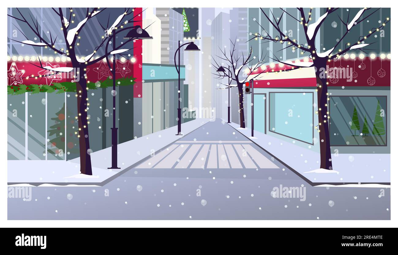 Winter landscape with houses, shops and decorated trees vector Stock Vector