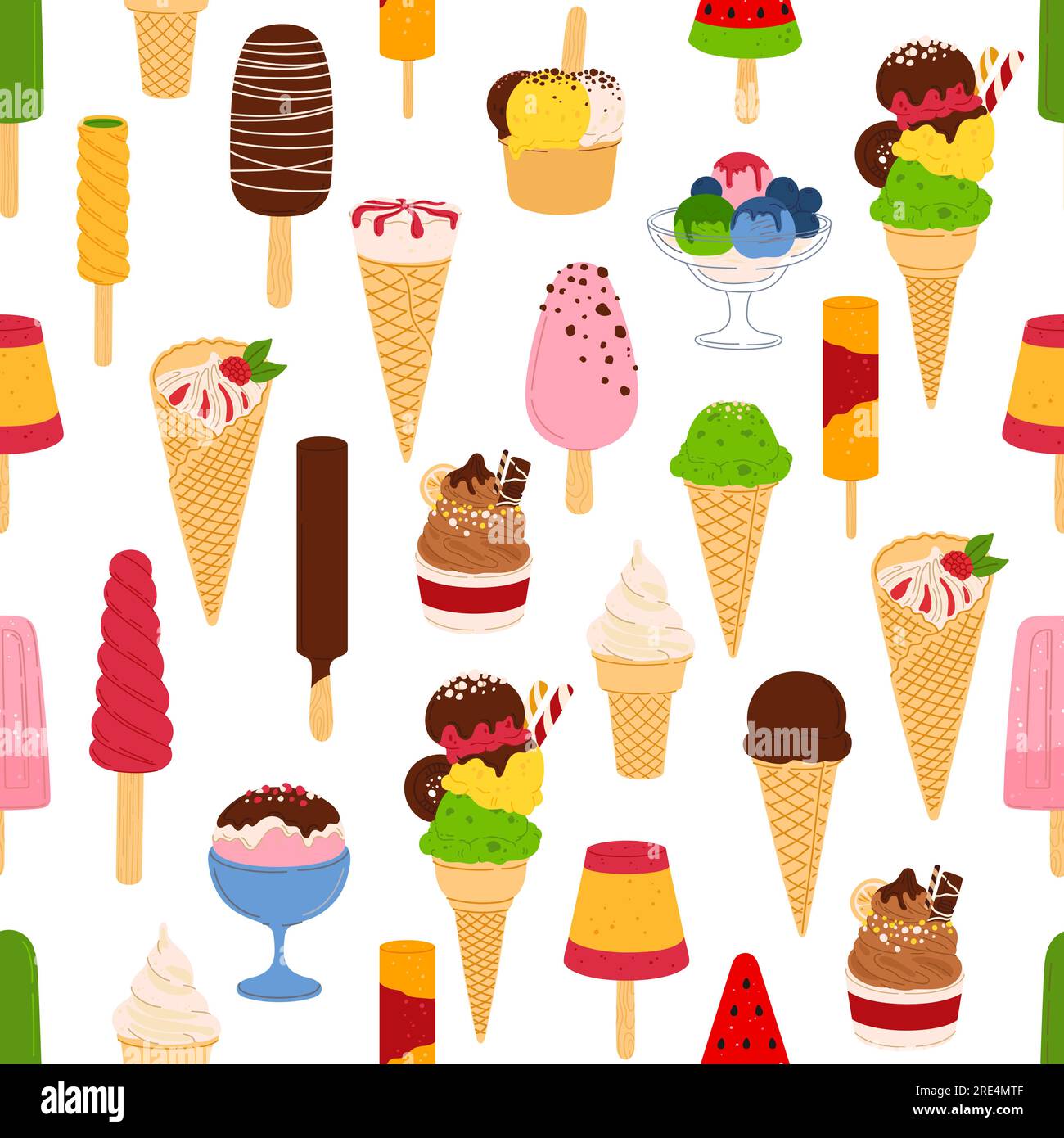Ice cream seamless pattern, summer dessert food vector background. Ice