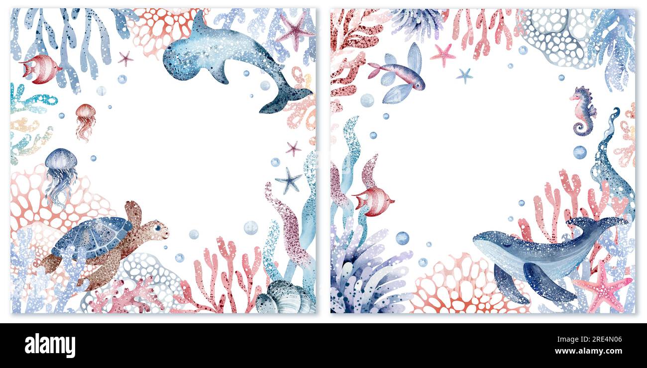 Set of cute postcards with sea animals Collection of postcards with Set of cute postcards with sea animals Collection of postcards with