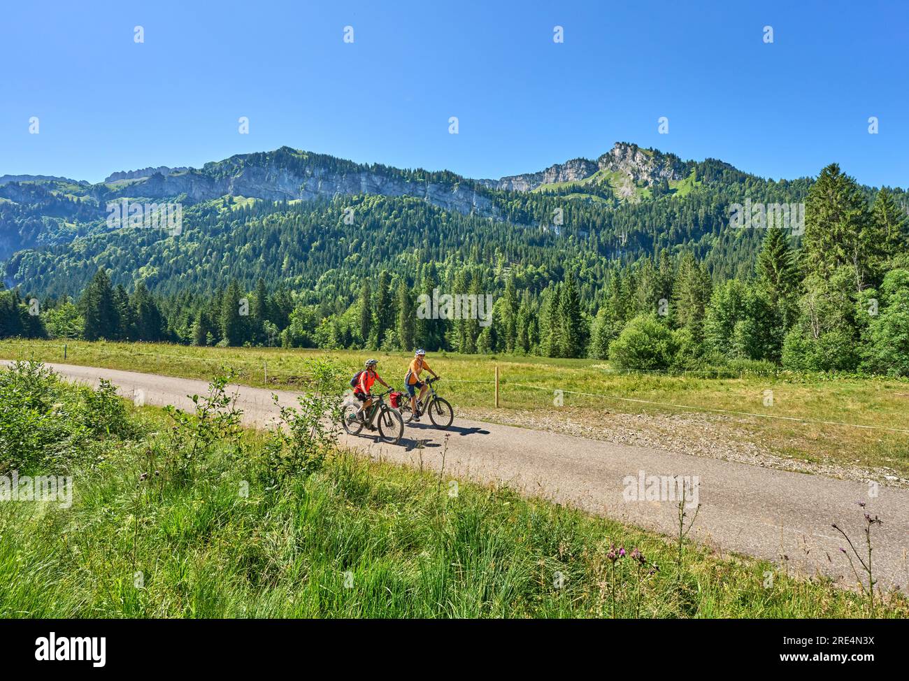 two senior girl friends having fun during a cycling tour in the Bregenz Forest near Sibratsgfäll, Vorarlberg, Austria Stock Photo