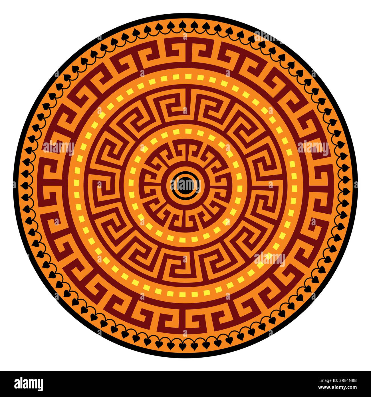 Greek vector ancient vase mandala design with key pattern, geometric boho pattern in brown and orange background Stock Vector