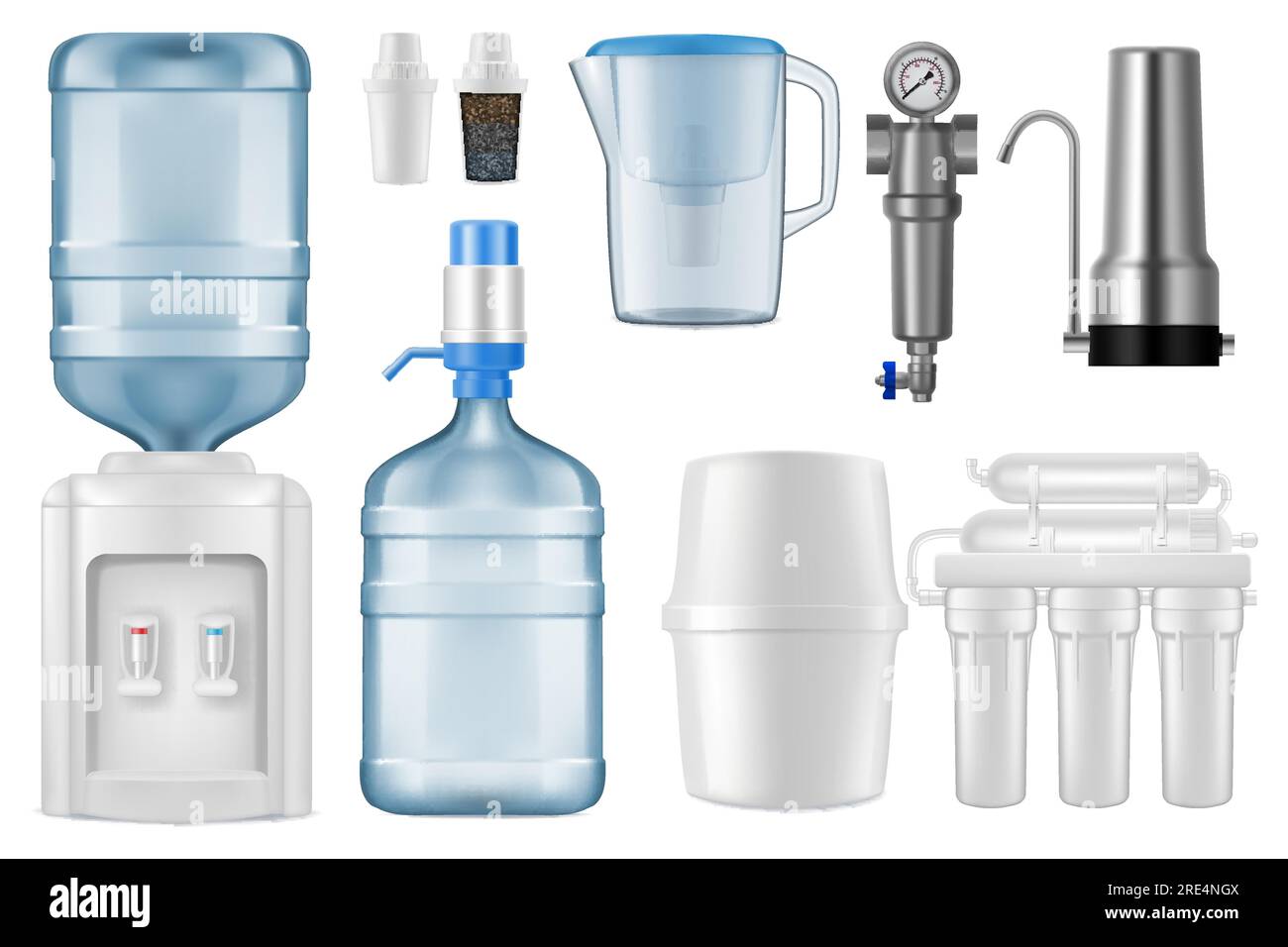 Water filter realistic vector mockups. 3d filtration jug and purification system of reverse osmosis with storage tank, filter tap and cartridges, cooler, bottle with pump, filtration equipment design Stock Vector