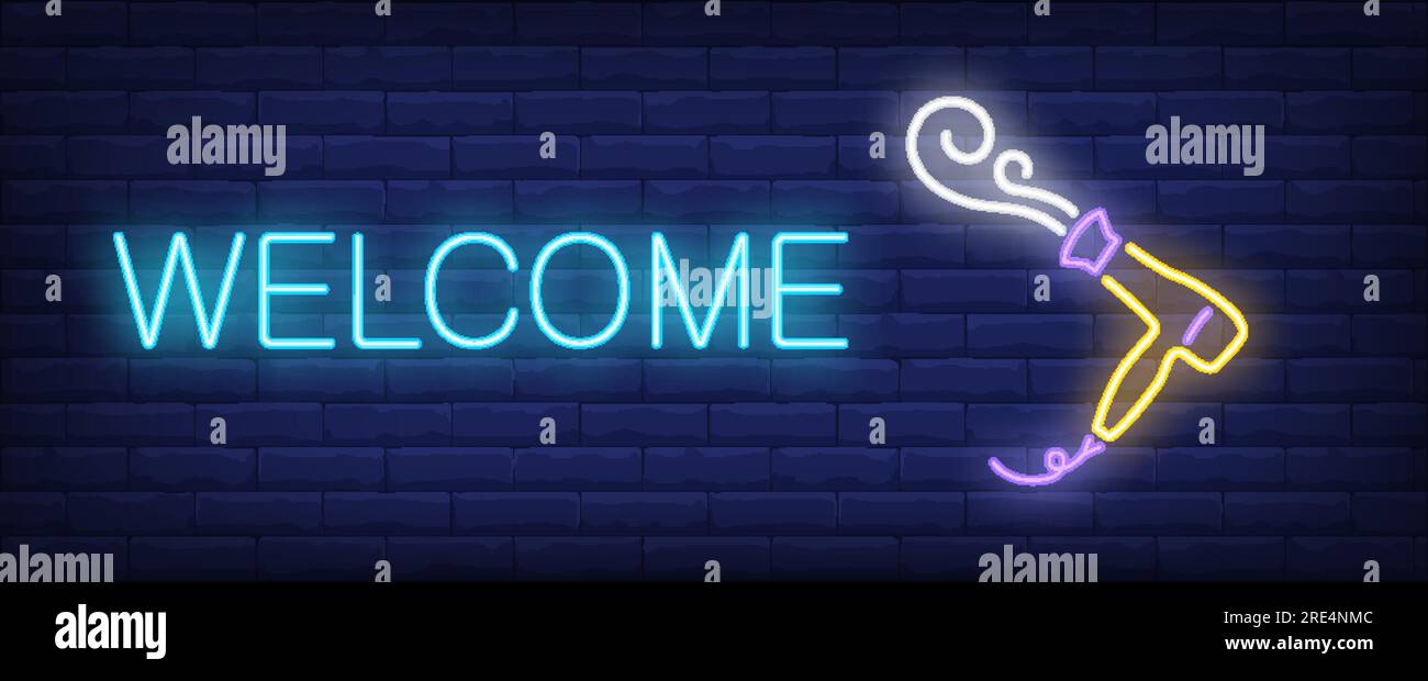 Welcome neon text and hairdryer blowing hot air Stock Vector