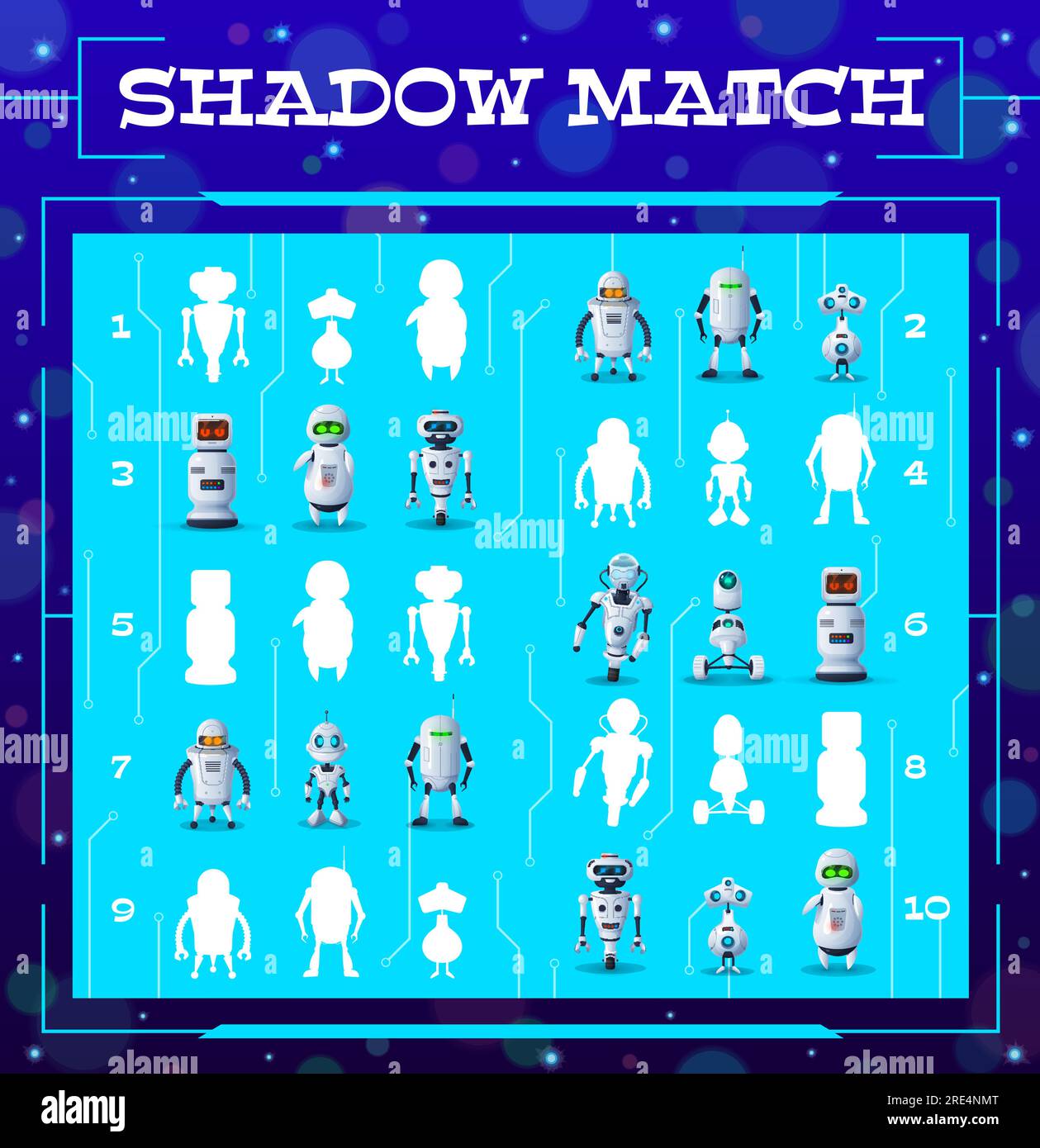 Find shadow of robots vector kids game, educational puzzle. Memory game, maze, puzzle or logic riddle with educational task of matching artificial intelligence robot silhouettes, cartoon android bots Stock Vector