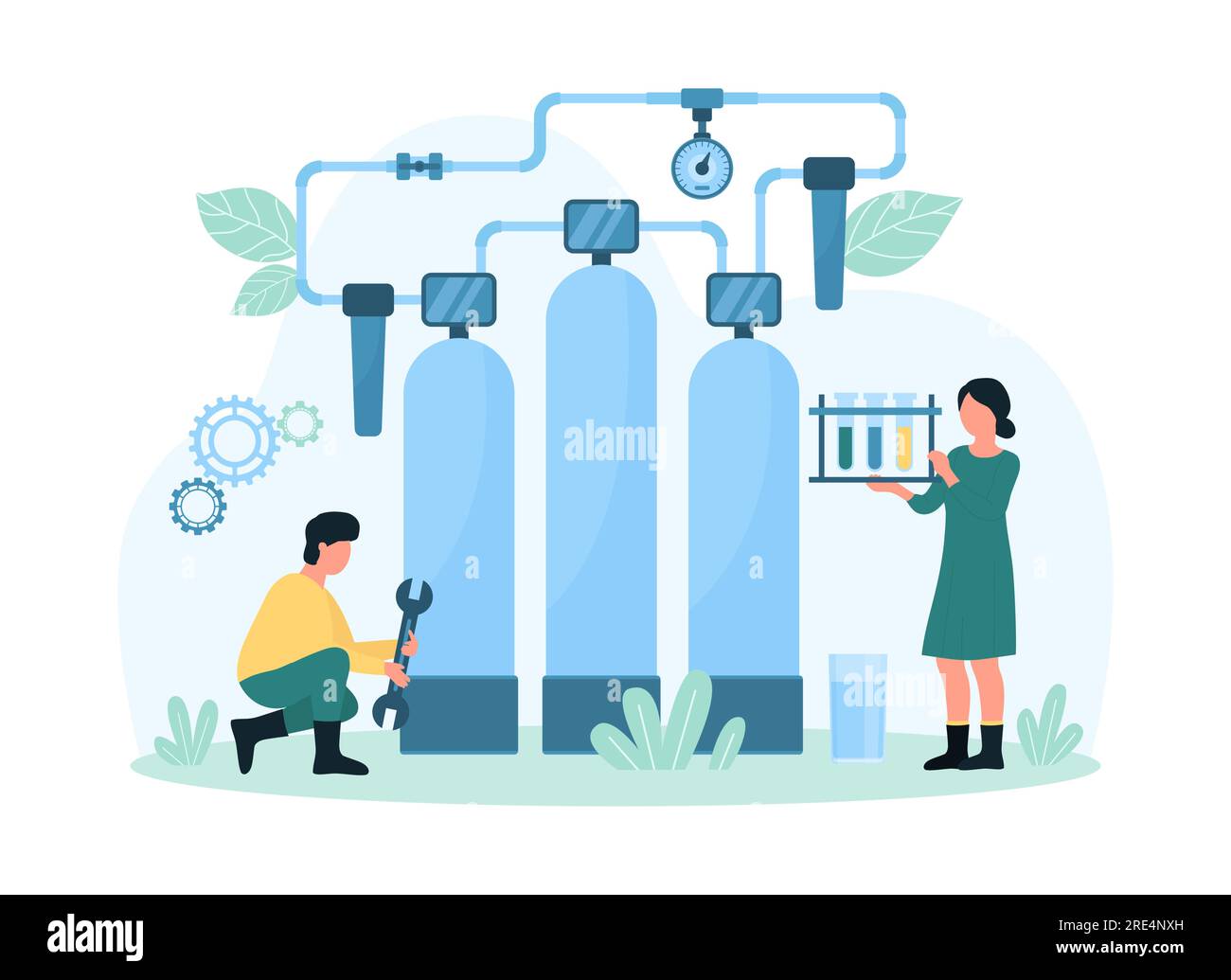 Water purification plant vector illustration. Cartoon tiny people test