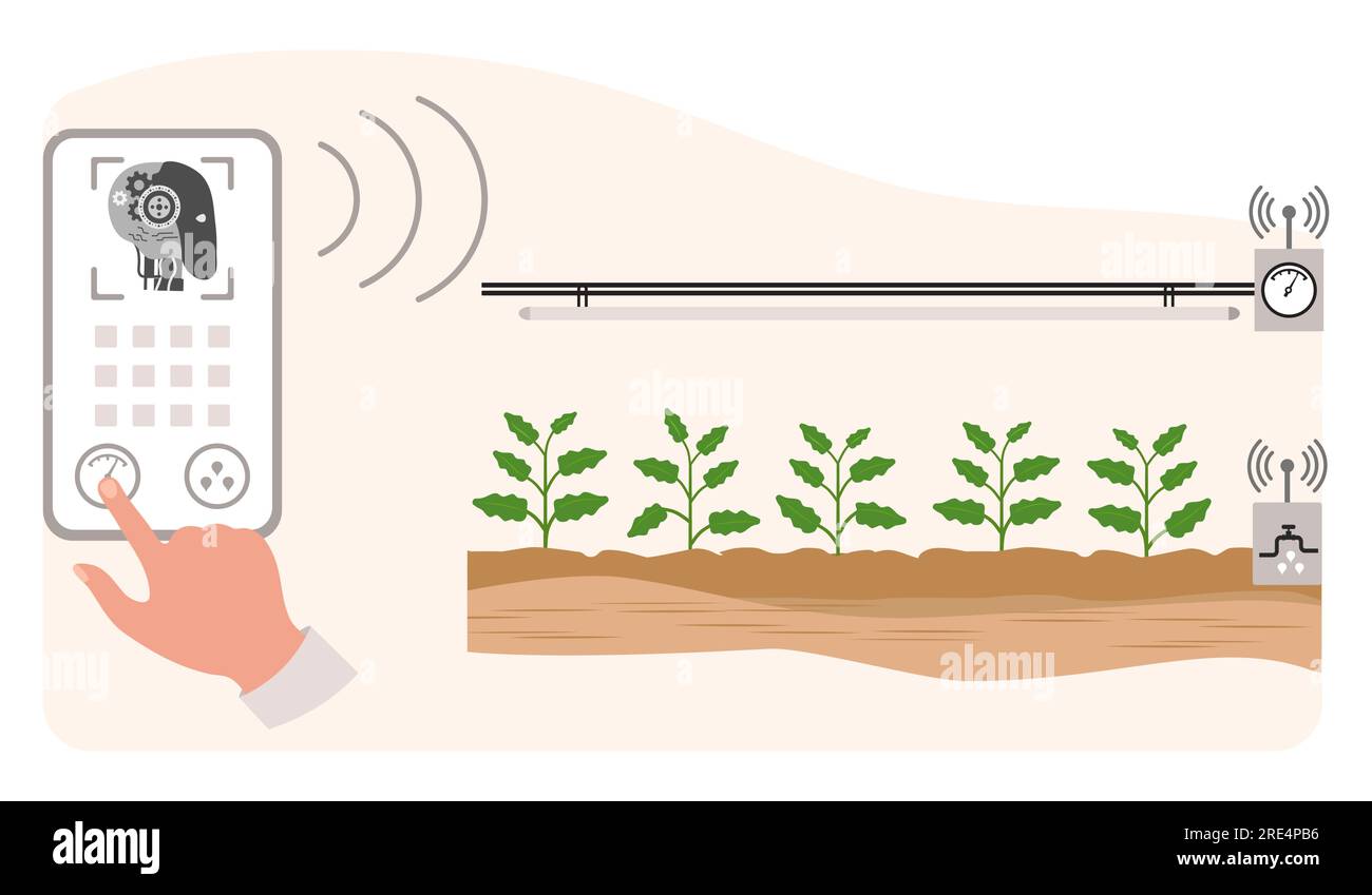 Person controls smart agricultural greenhouse system by digital device Vector illustration