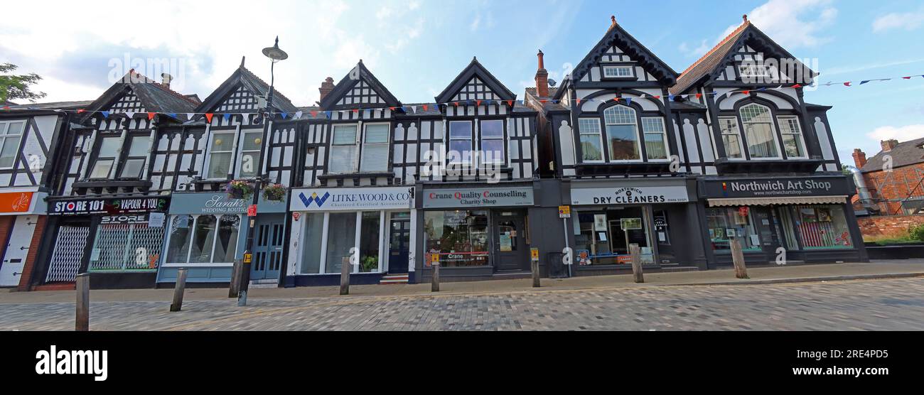 Terrace of timber-framed shops at 99-109, Witton Street, Northwich, Cheshire, England, UK, CW9 5DR Stock Photo