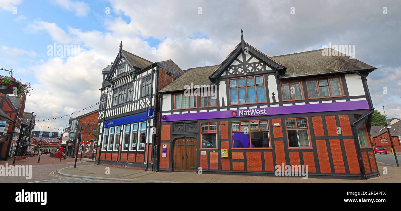 Panorama of NatWest Bank, timber framed building in the The Bull Ring, Northwich, Cheshire, England, UK, CW9 5BN Stock Photo