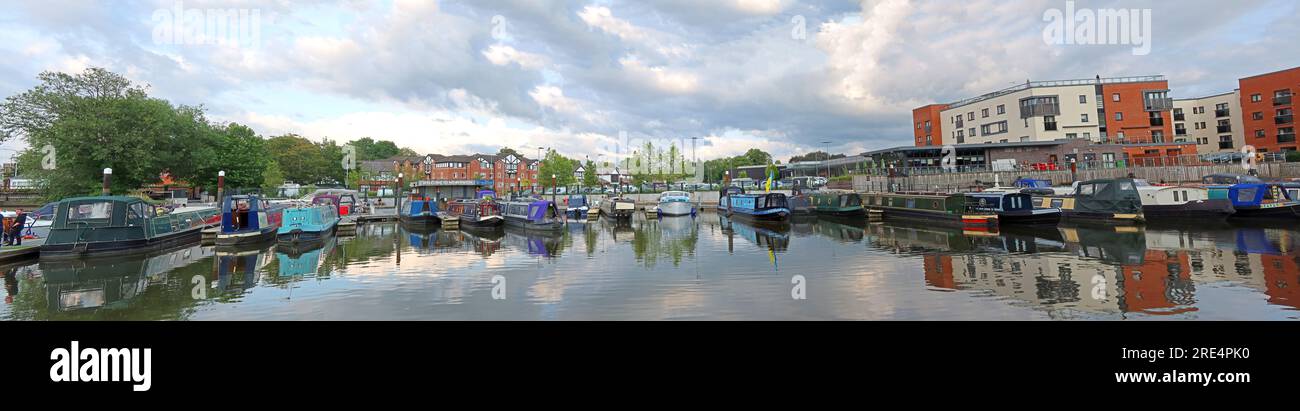 Panorama of Northwich Quay - Geomac Canal boat marina on the River Weaver Navigation, London Road, Northwich, Cheshire, UK, CW9 5HD Stock Photo