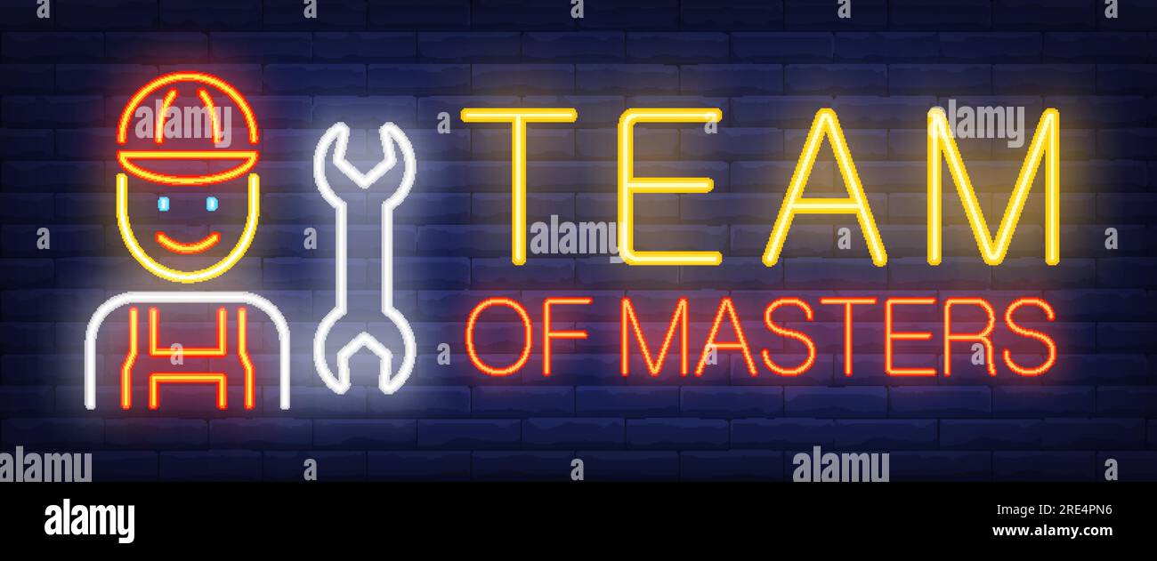 Team of masters neon text with mechanic and wrench Stock Vector