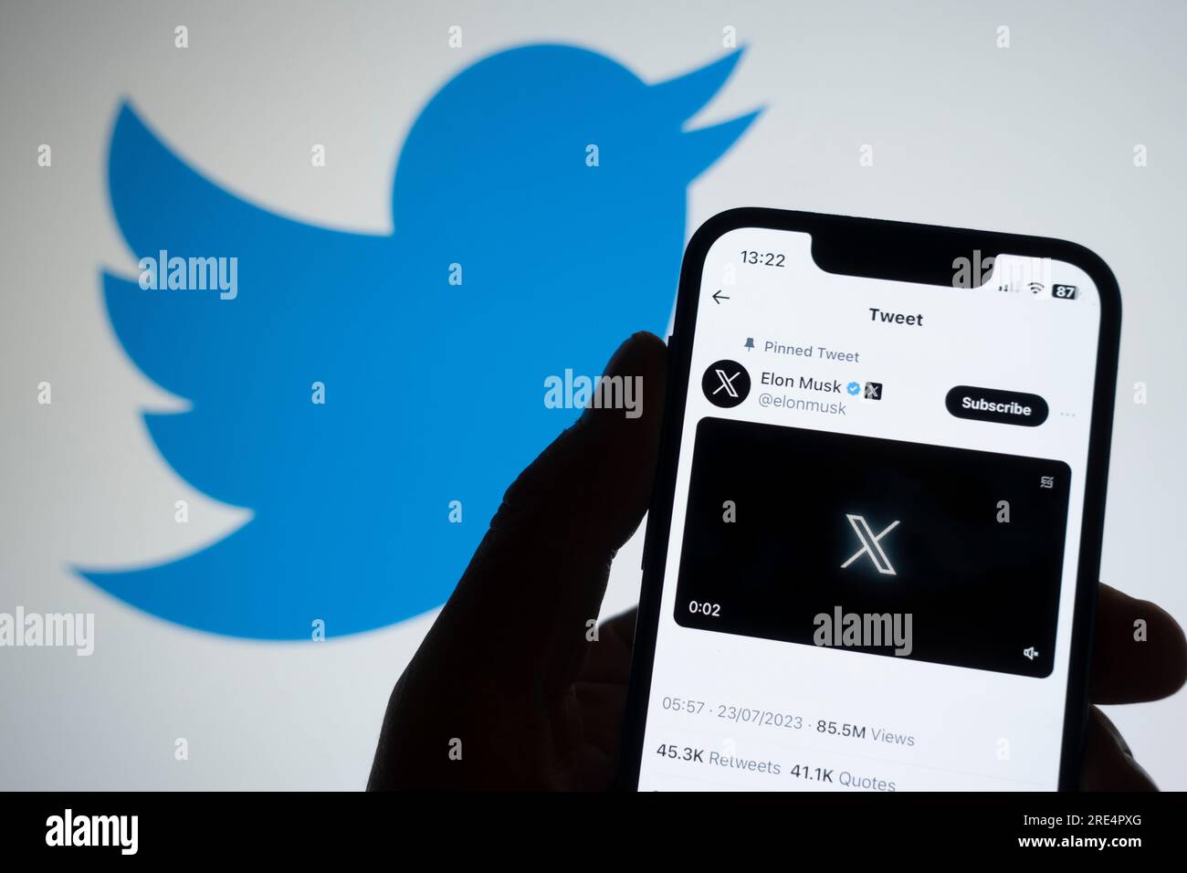 Edinburgh, Scotland, UK. 25 July 2023. A photo illustration showing Elon Musks X page  and the bird logo of the old Twitter which has been rebranded X by owner Elon Musk. Iain Masterton/Alamy Live News Stock Photo