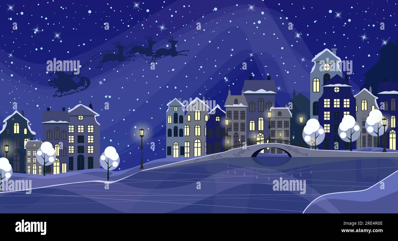 Christmas night townscape with buildings and Santa Claus in sky Stock Vector