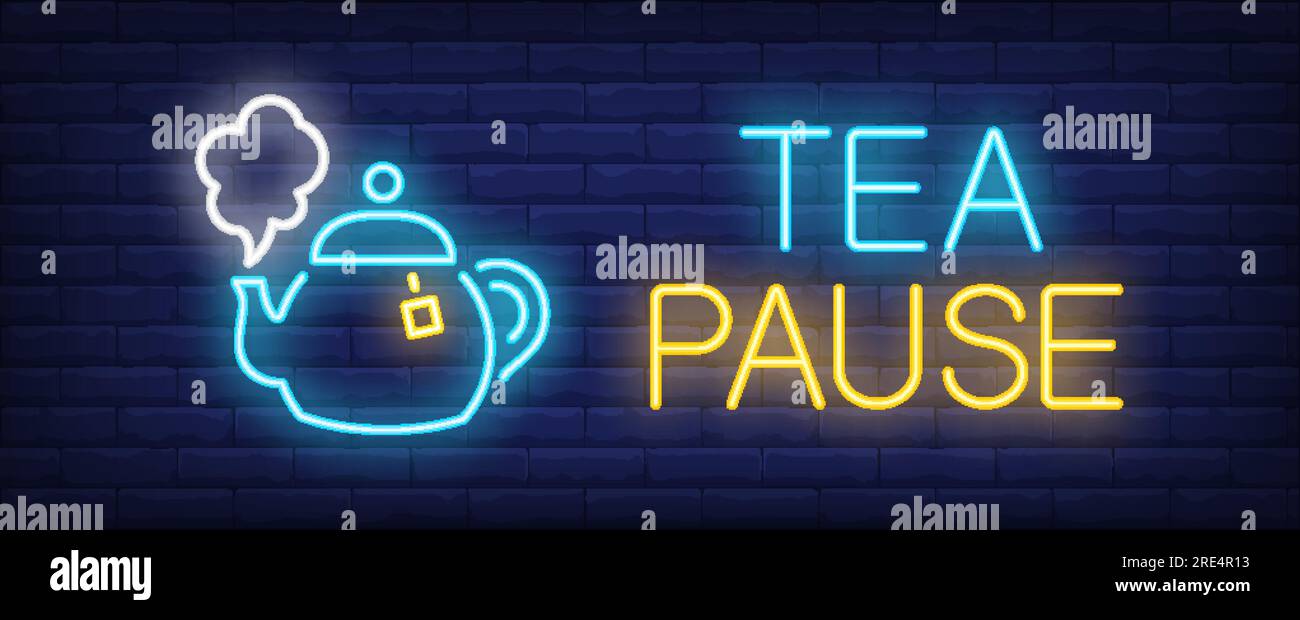Tea pause neon sign. Boiling teapot Stock Vector