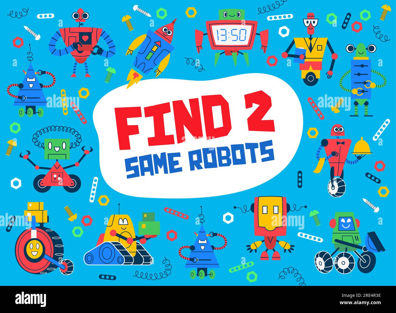 Find two same cartoon robots kids quiz game. Vector worksheet of ...