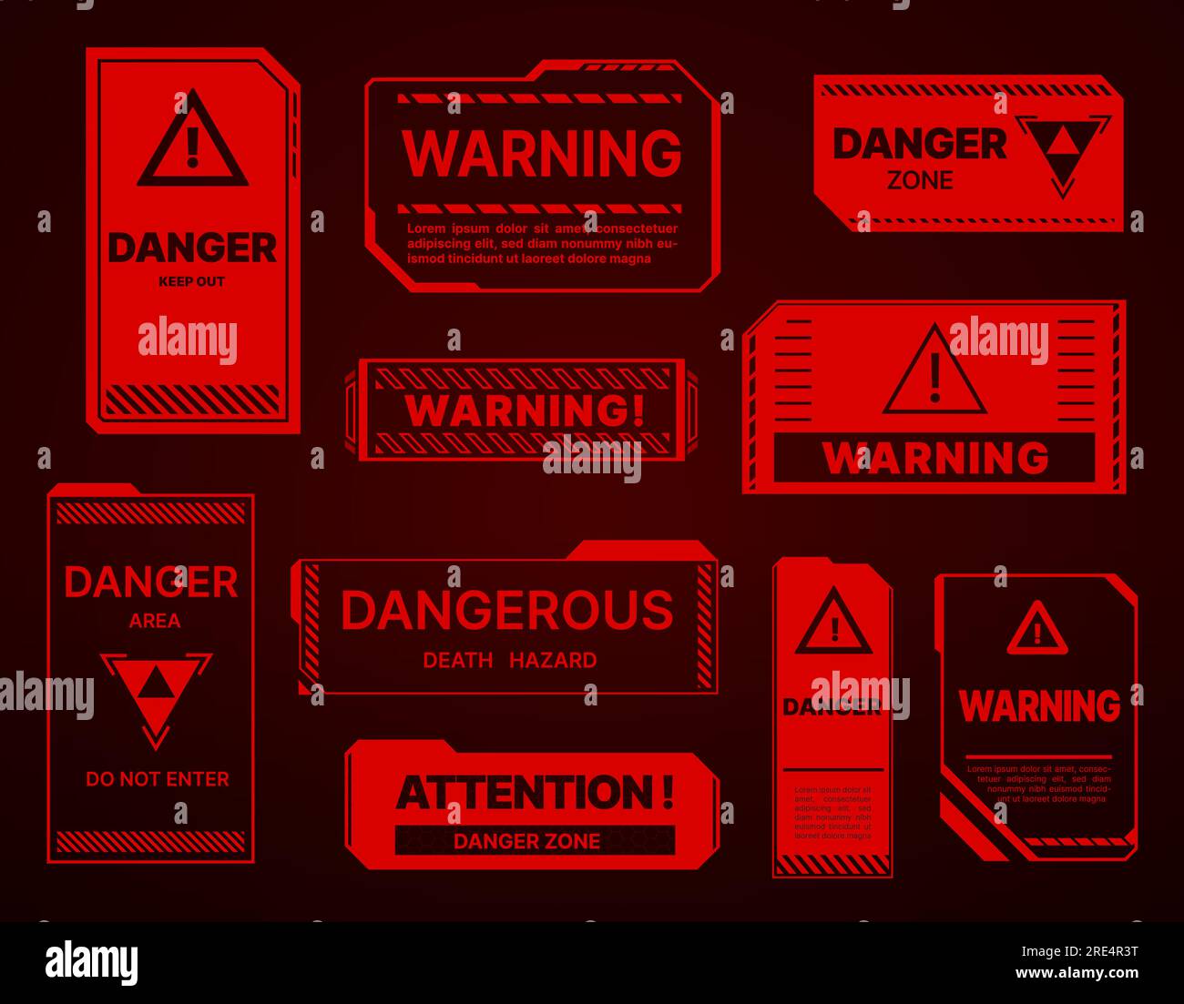 HUD danger zone, warning and alert attention red signs. Vector caution