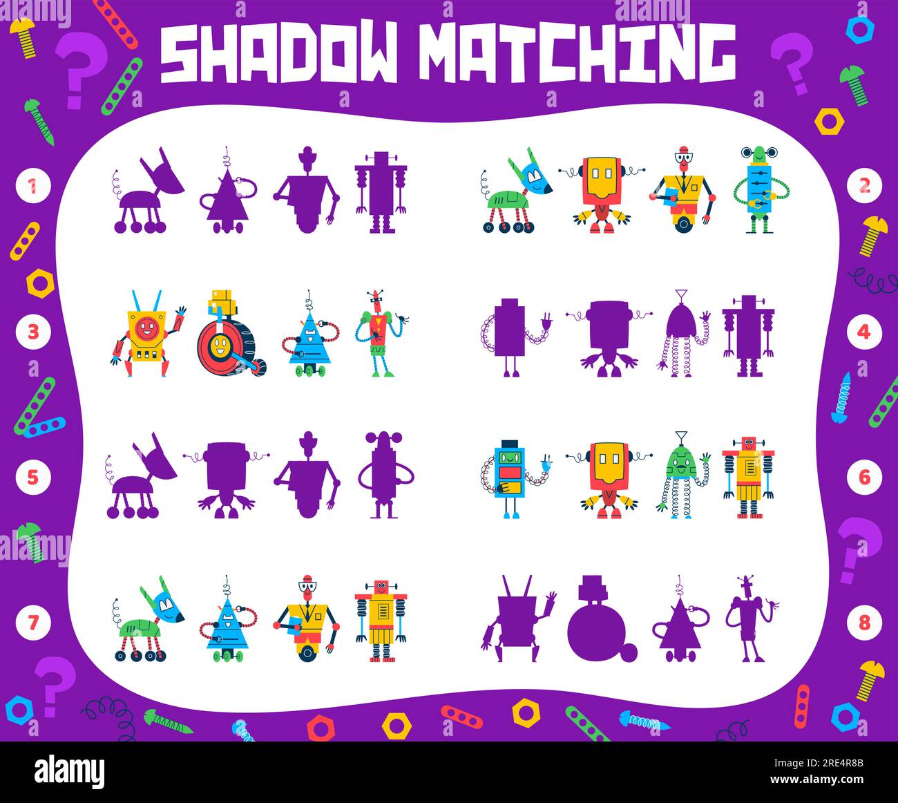 Shadow matching quiz game of cartoon robots and droids. Cute retro robot toys and space machines puzzle vector worksheet, funny droid spaceman, humanoid cyborg and android assistant characters Stock Vector