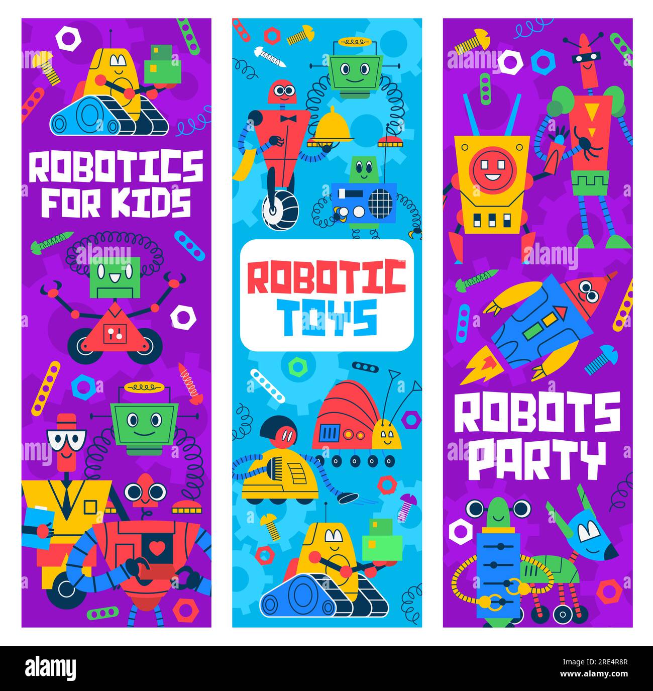 Cartoon robots and droids kids toys vector banners. Cute vintage robotic machine characters, robot spaceman, assistant, waiter and maid, humanoid cyborg, android dog and droid snail personages Stock Vector