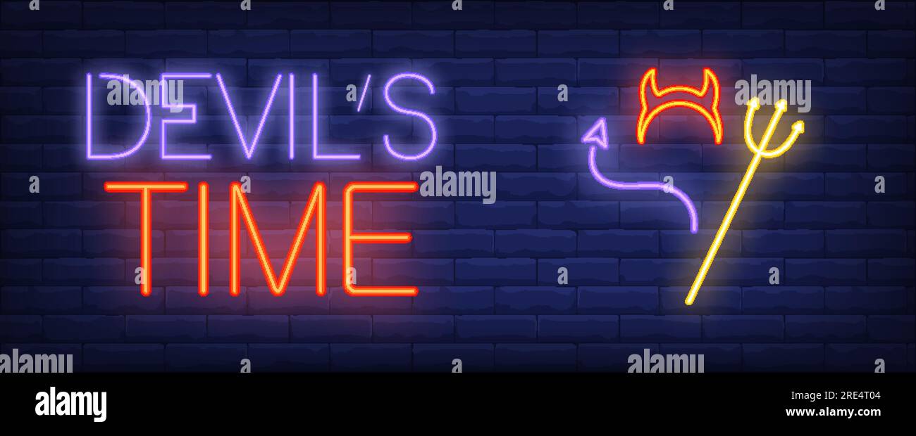 Devil time neon text with horns, tail and trident Stock Vector Image
