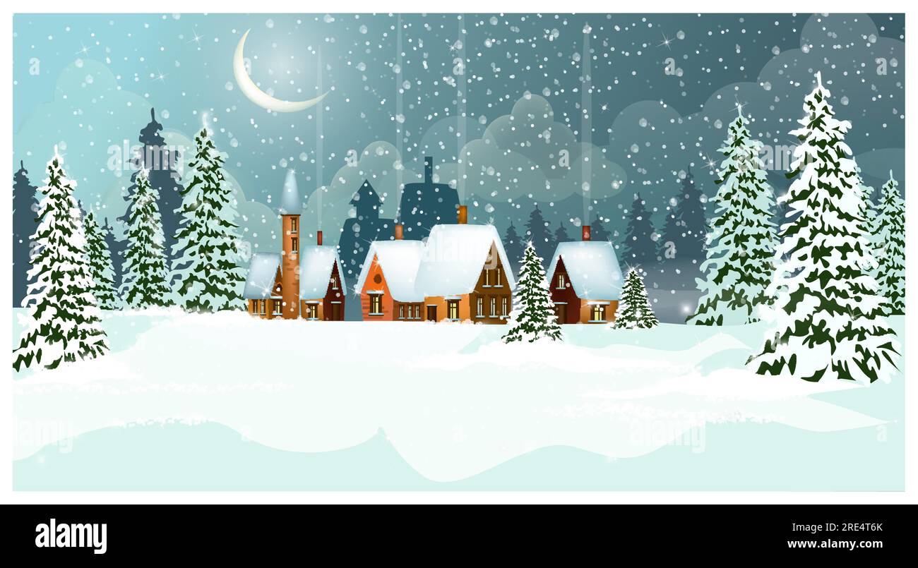 Snowy winter landscape with cottages and fir-trees vector Stock Vector ...