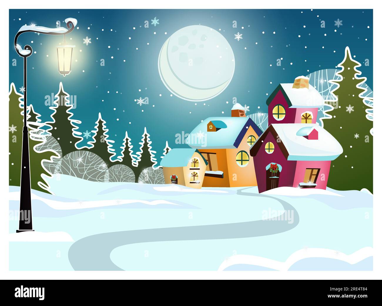 Winter landscape with cottages, fir-trees and streetlight vector Stock ...