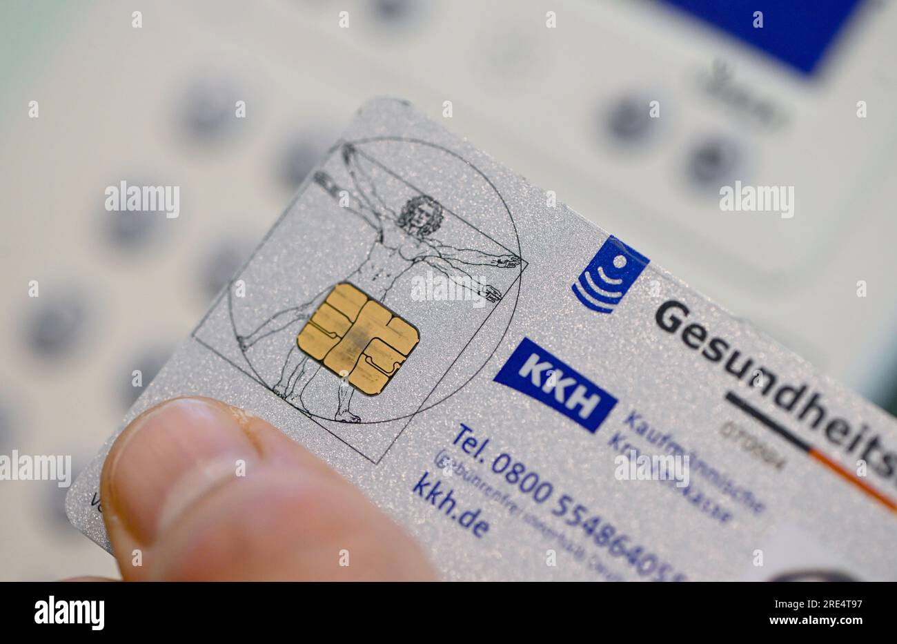 Berlin, Germany. 24th July, 2023. An electronic health card (eGK) is used in a pharmacy for an e-prescription. Credit: Jens Kalaene/dpa/Alamy Live News Stock Photo