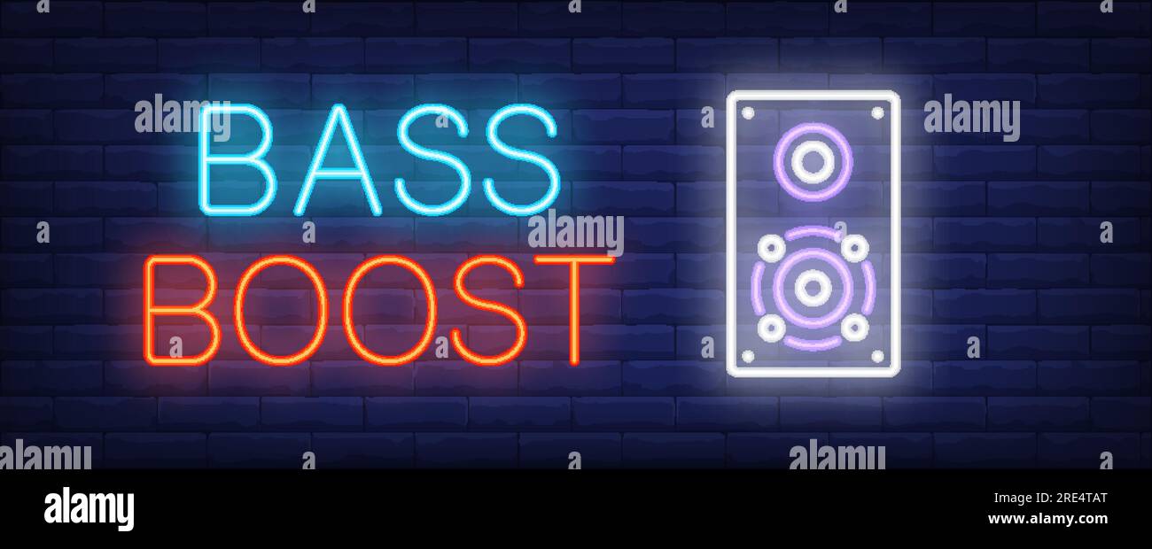Bass boost neon sign. Loud speaker on brick background Stock Vector