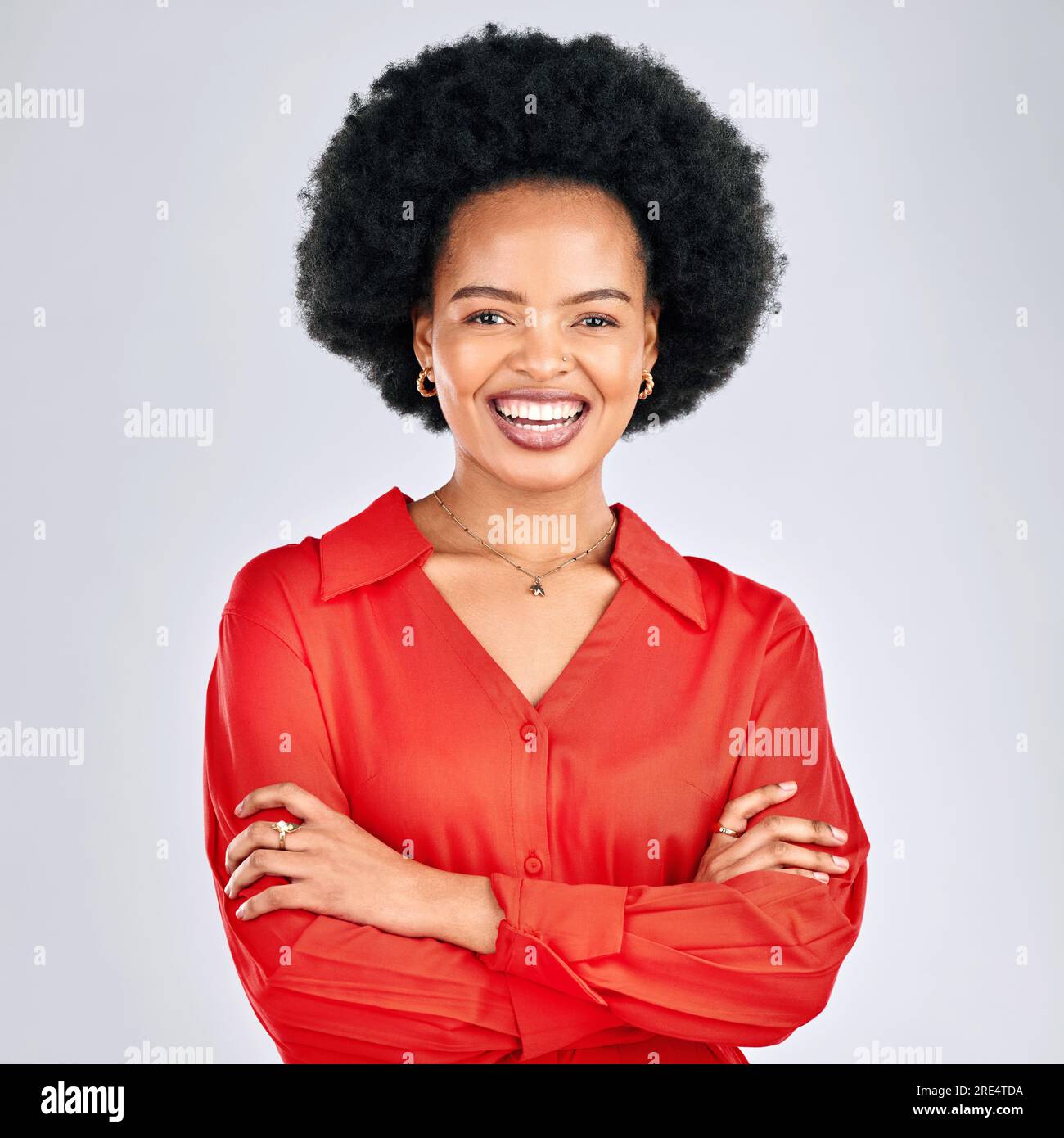 Happy black woman, portrait and afro with arms crossed in fashion ...