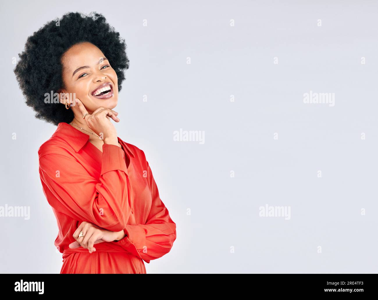 Happy, mockup and portrait of black woman on a studio background with ...