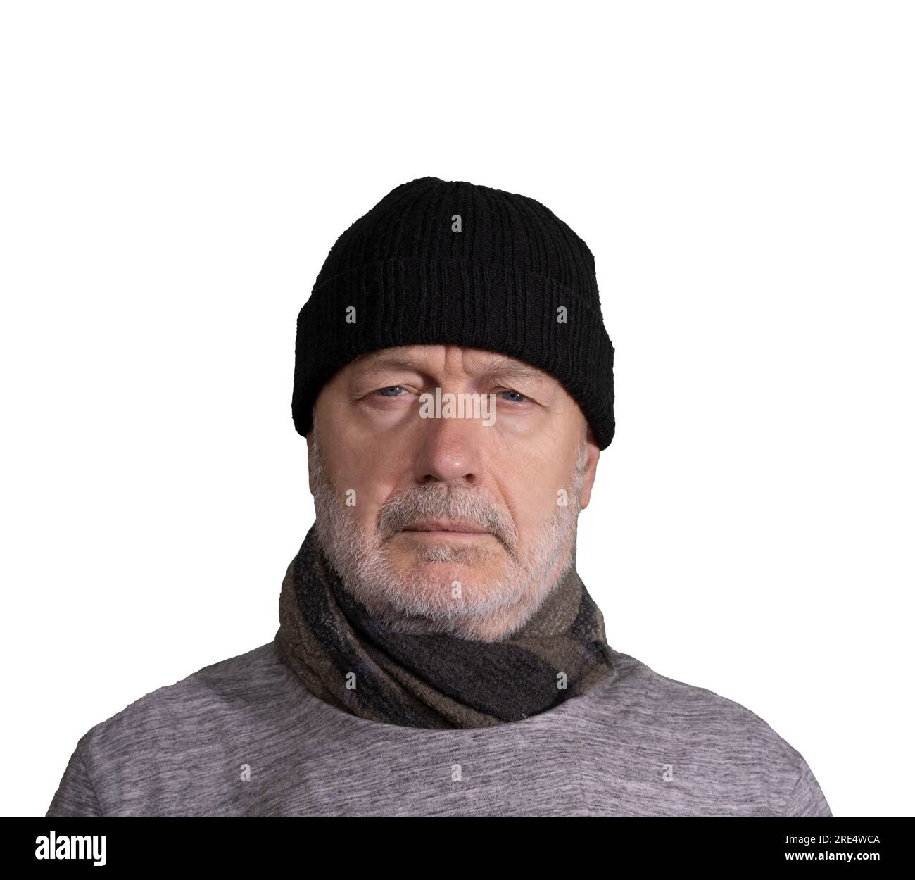 middle-aged man with a black wool cap on a transparent background Stock Photo