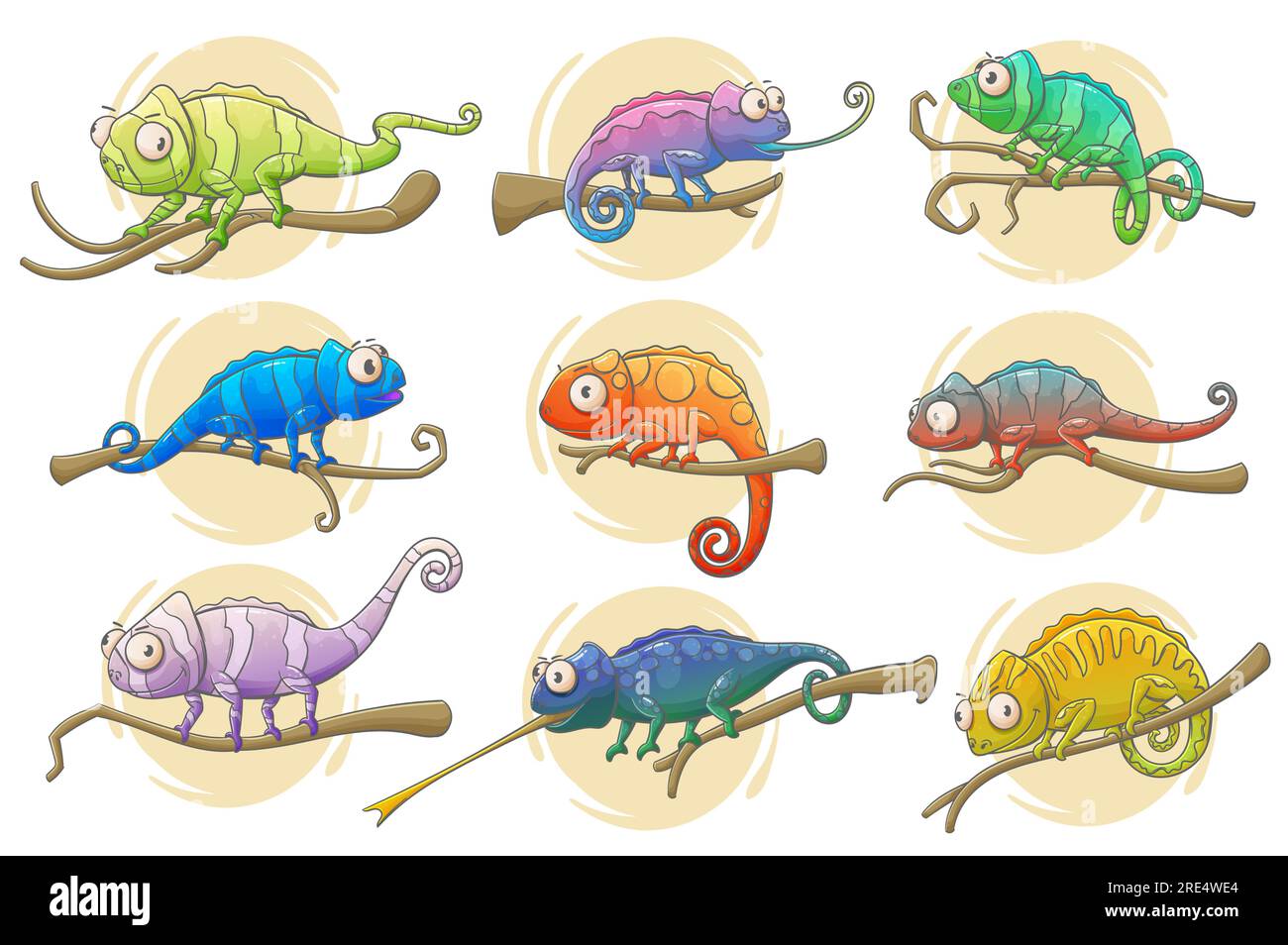 Chameleon lizard icons of reptile animals vector design. Colorful chameleons sitting on branches of exotic tropical forest or jungle tree with long tails, tongues and bright camouflage patterns Stock Vector