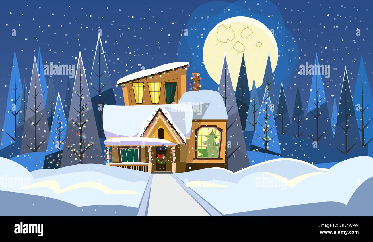 Winter night landscape with decorated cottage and moon Stock Vector ...