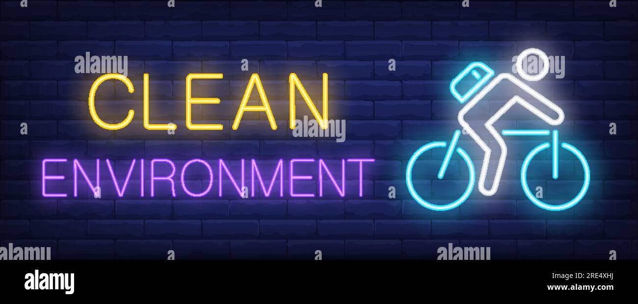 Clean environment neon text with cyclist riding bike Stock Vector Image