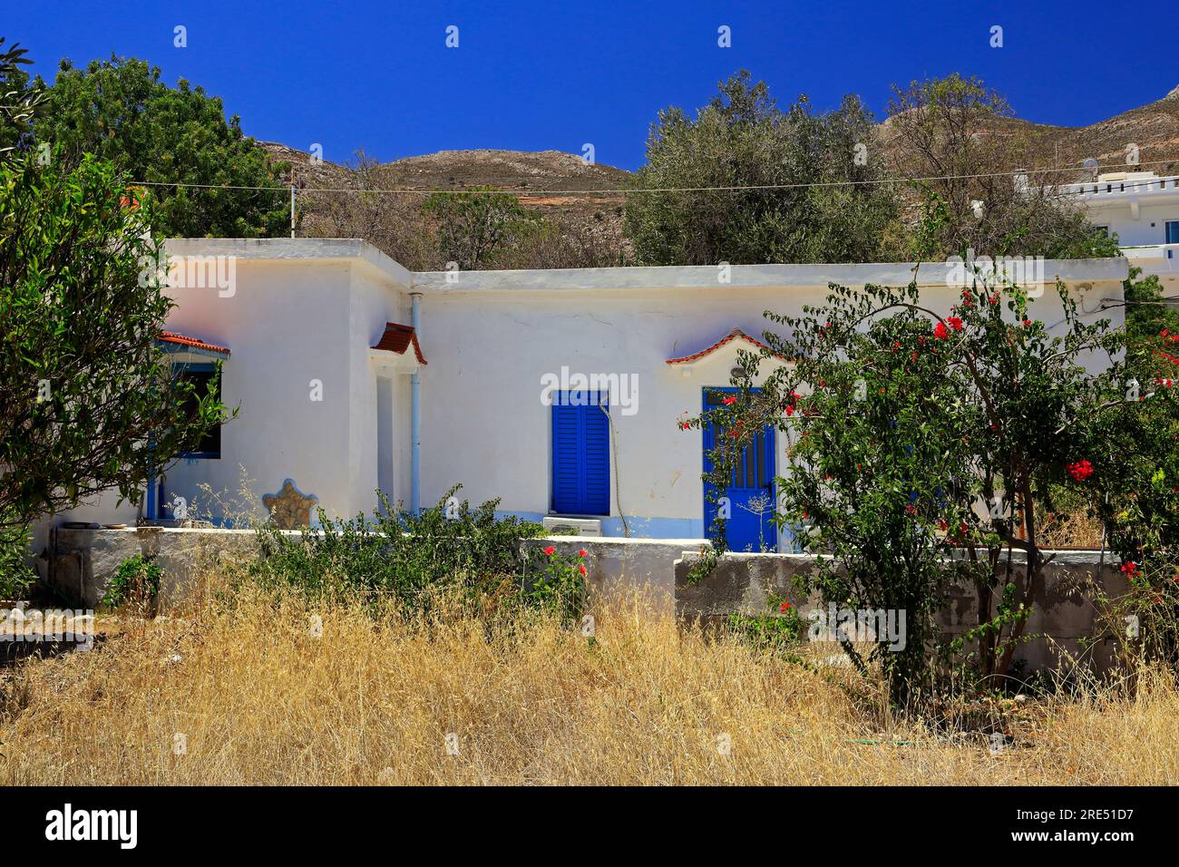 Traditional style house and garden, whitewashed with blue doors and