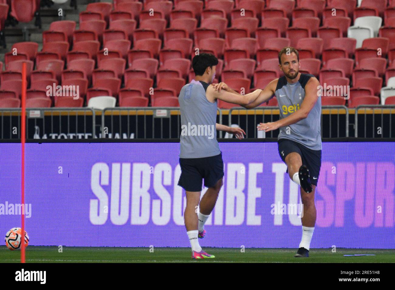 Singapore. 25th July, 2023. Son Heung-Min (L) and Harry Kane of Tottenham Hotspur attend the open training session at the Singapore Festival of Football held in the National Stadium in Singapore, July 25, 2023. Credit: Then Chih Wey/Xinhua/Alamy Live News Stock Photo