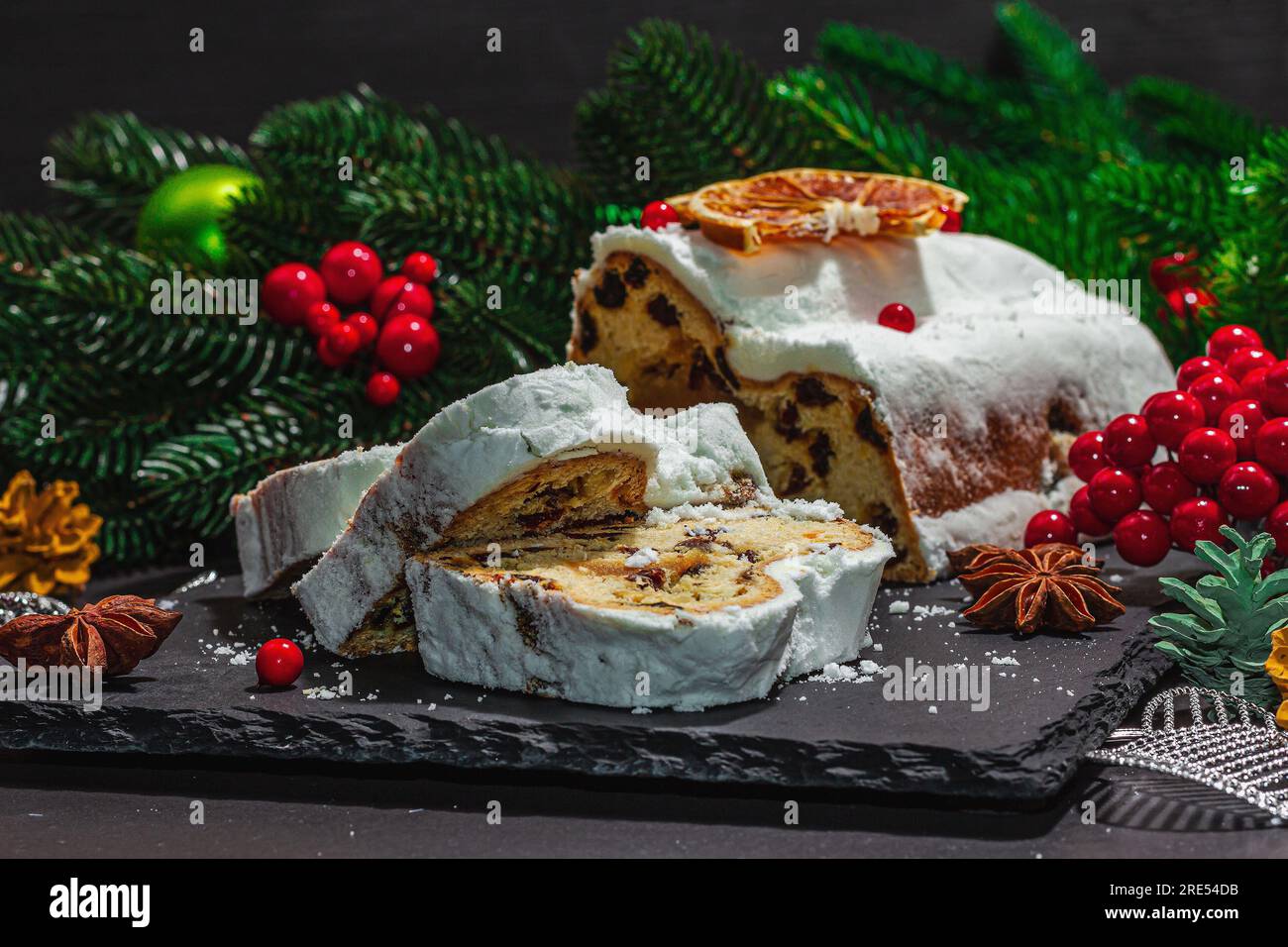 Traditional Christmas stollen, German cake. European pastry, fragrant