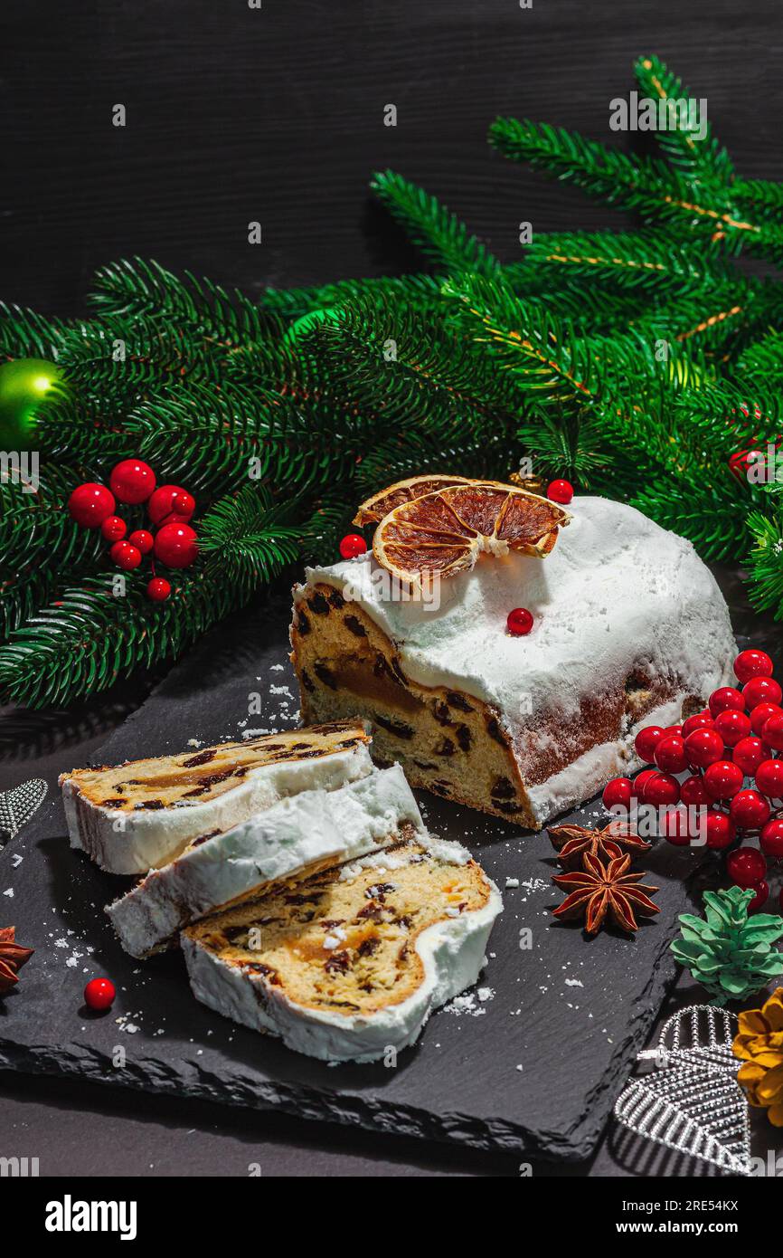 Traditional Christmas stollen, German cake. European pastry, fragrant