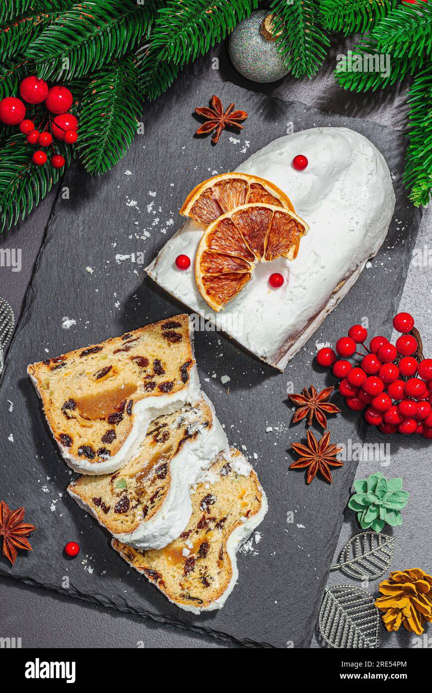 Traditional Christmas stollen, German cake. European pastry, fragrant