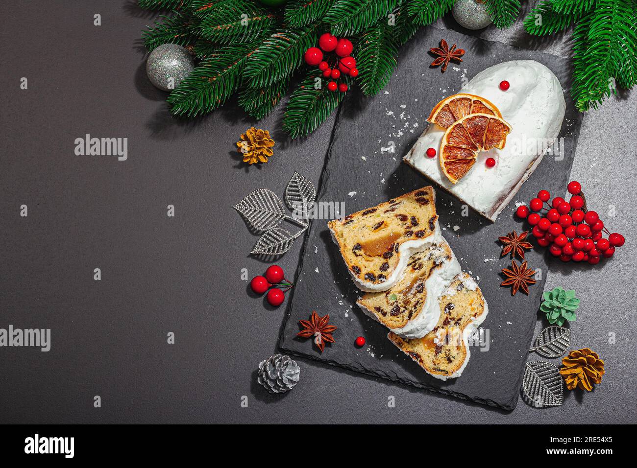 Traditional Christmas stollen, German cake. European pastry, fragrant