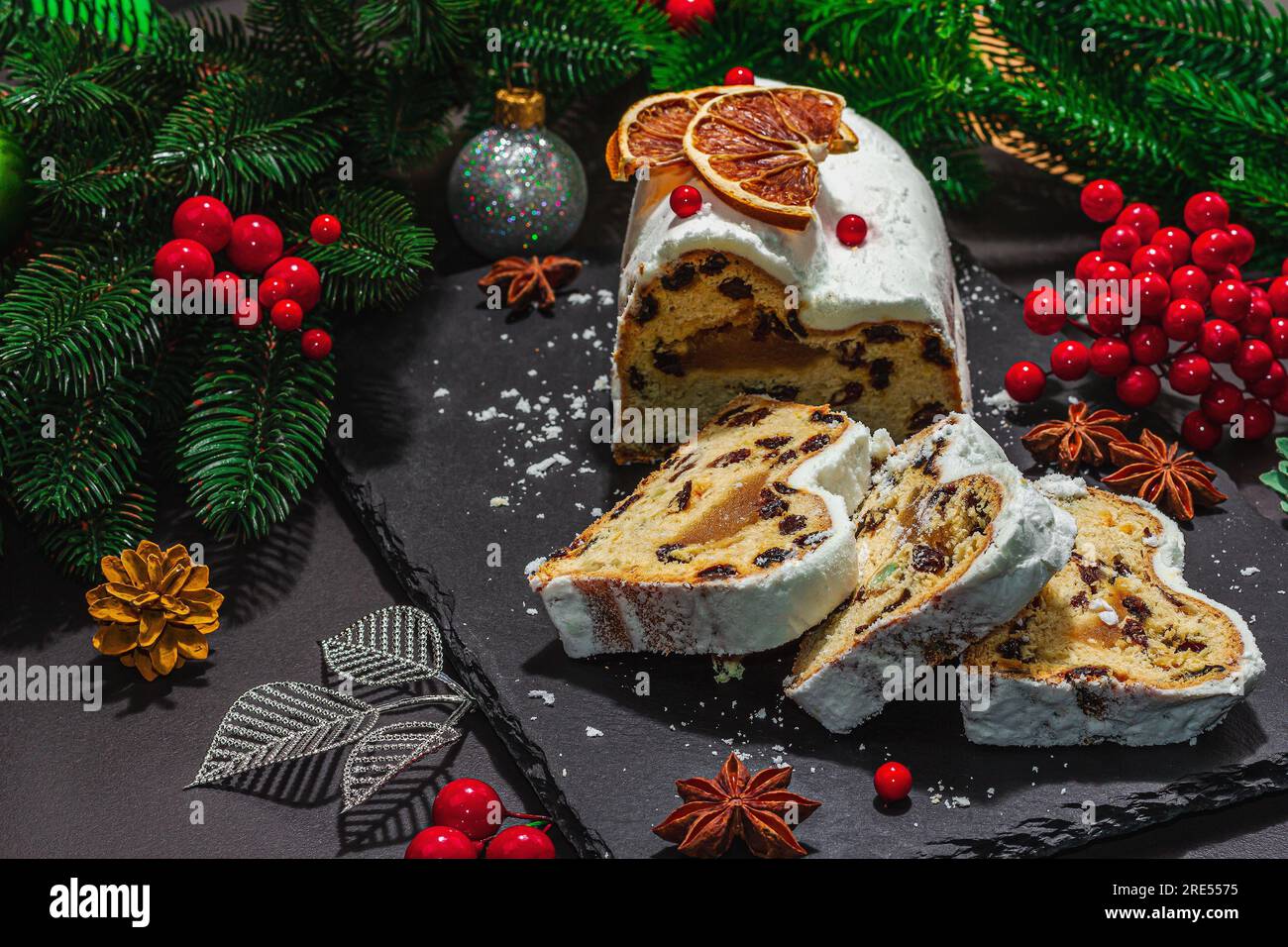Traditional Christmas stollen, German cake. European pastry, fragrant
