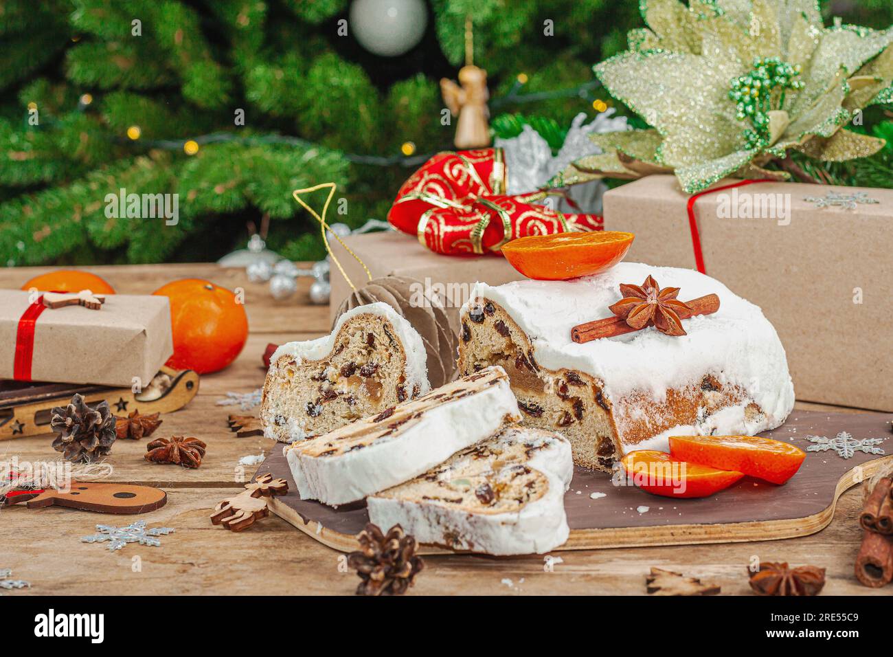 Traditional Christmas stollen, German cake. European pastry, fragrant