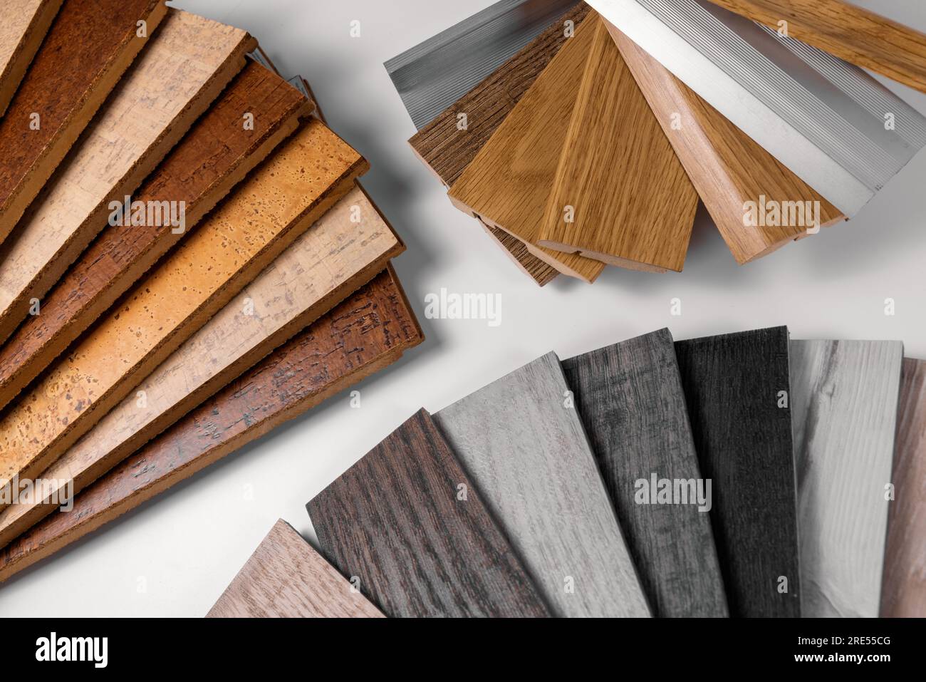 flooring material and skirting samples on white background Stock Photo