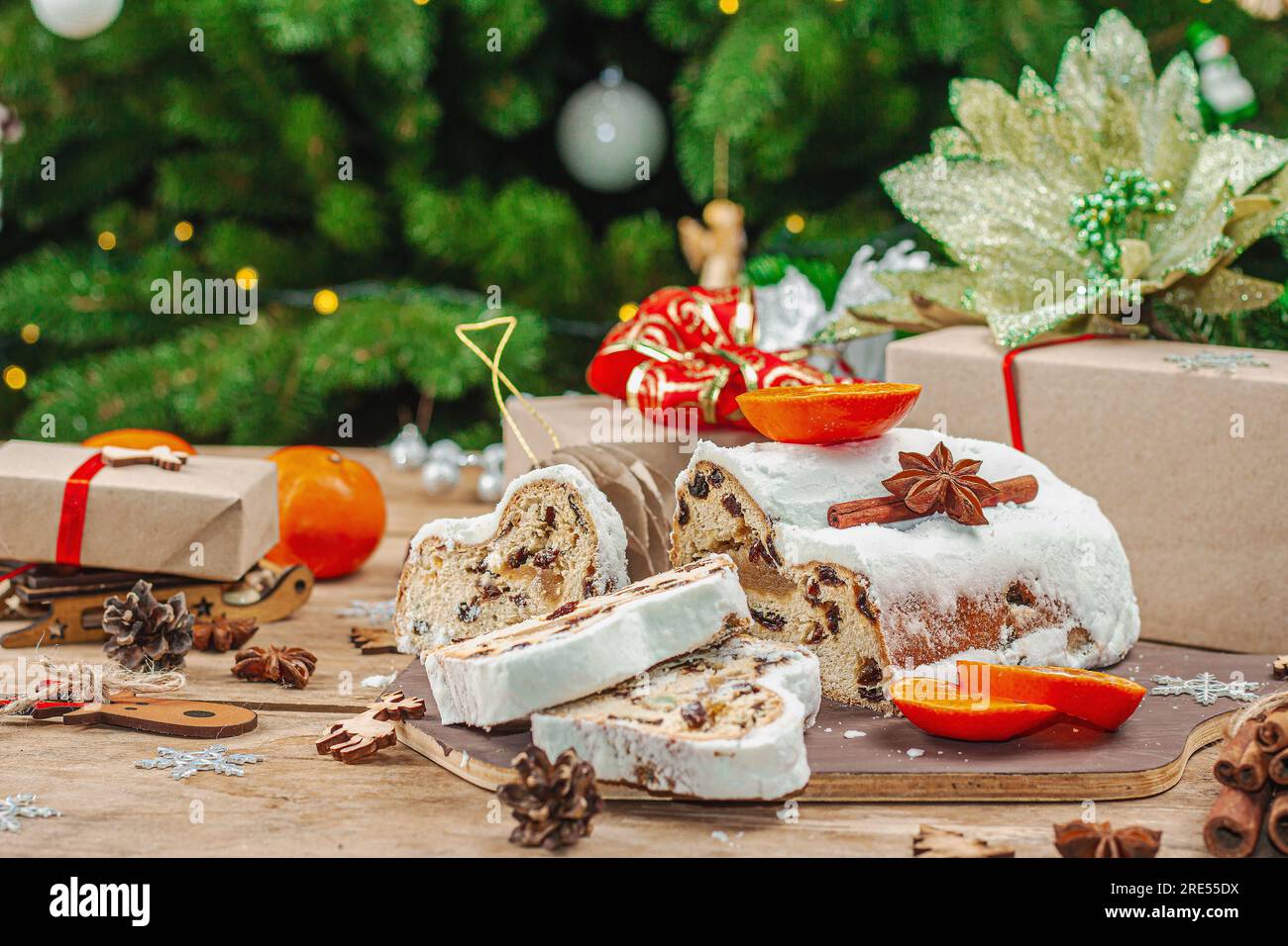 Traditional Christmas stollen, German cake. European pastry, fragrant