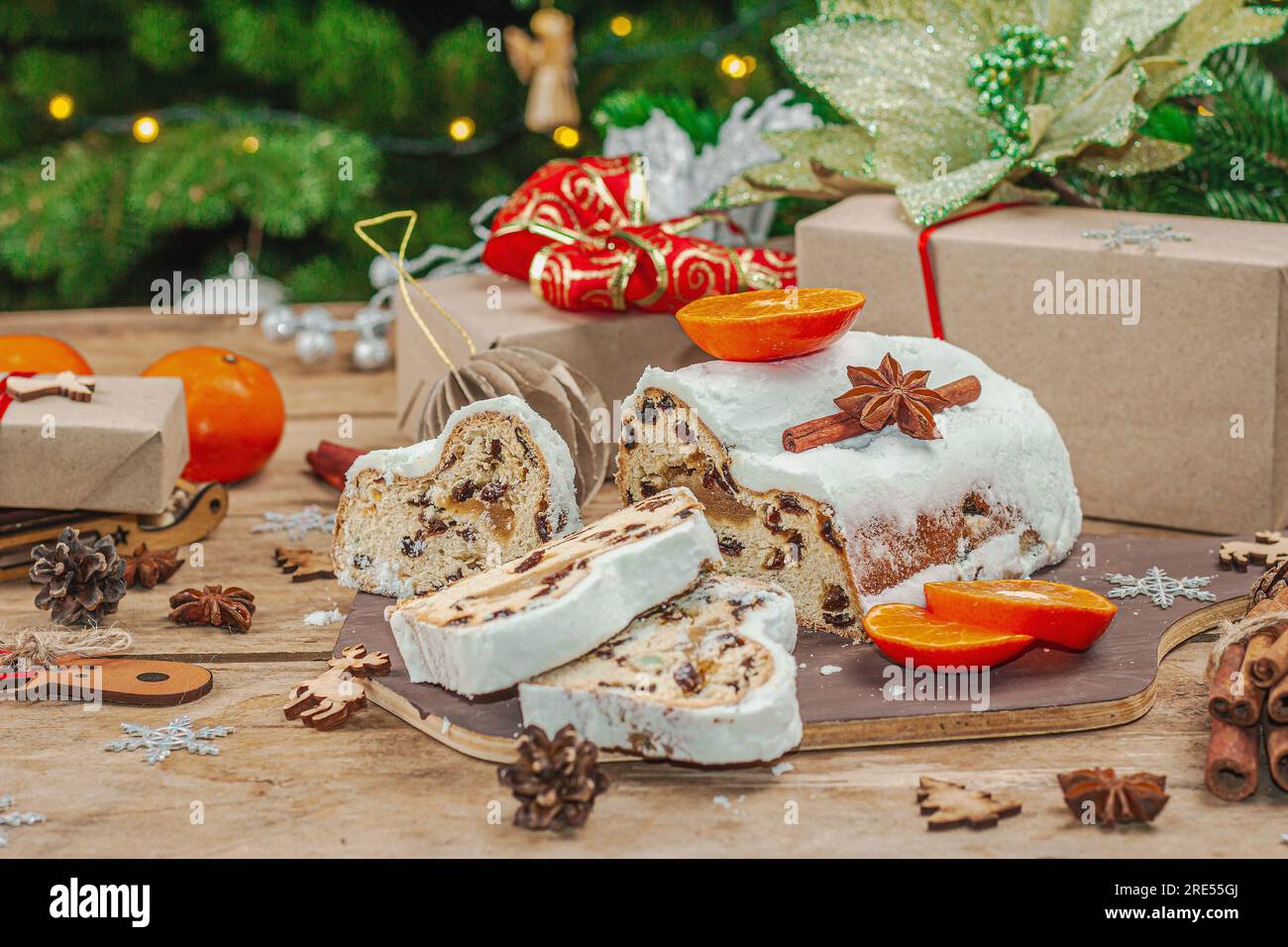 Traditional Christmas stollen, German cake. European pastry, fragrant
