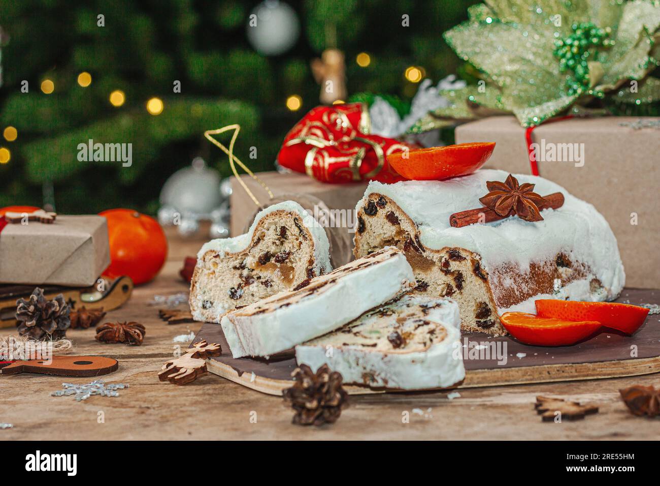 Traditional Christmas stollen, German cake. European pastry, fragrant