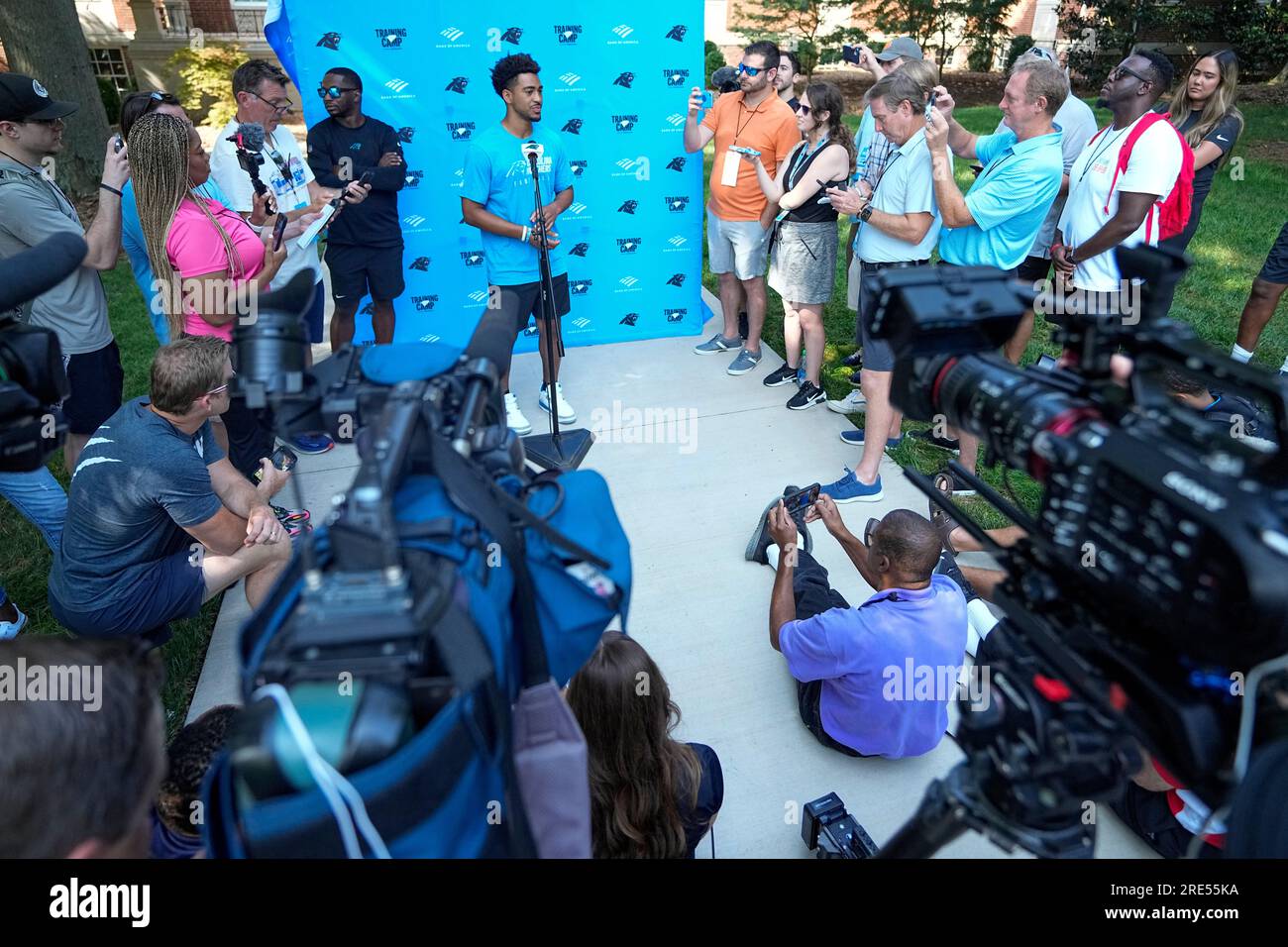Carolina Panthers quarterback Bryce Young speaks during a news conference at the NFL football team's training camp on Tuesday, July 25, 2023, in Spartanburg, S.C. (AP Photo/Chris Carlson) Stock Photo