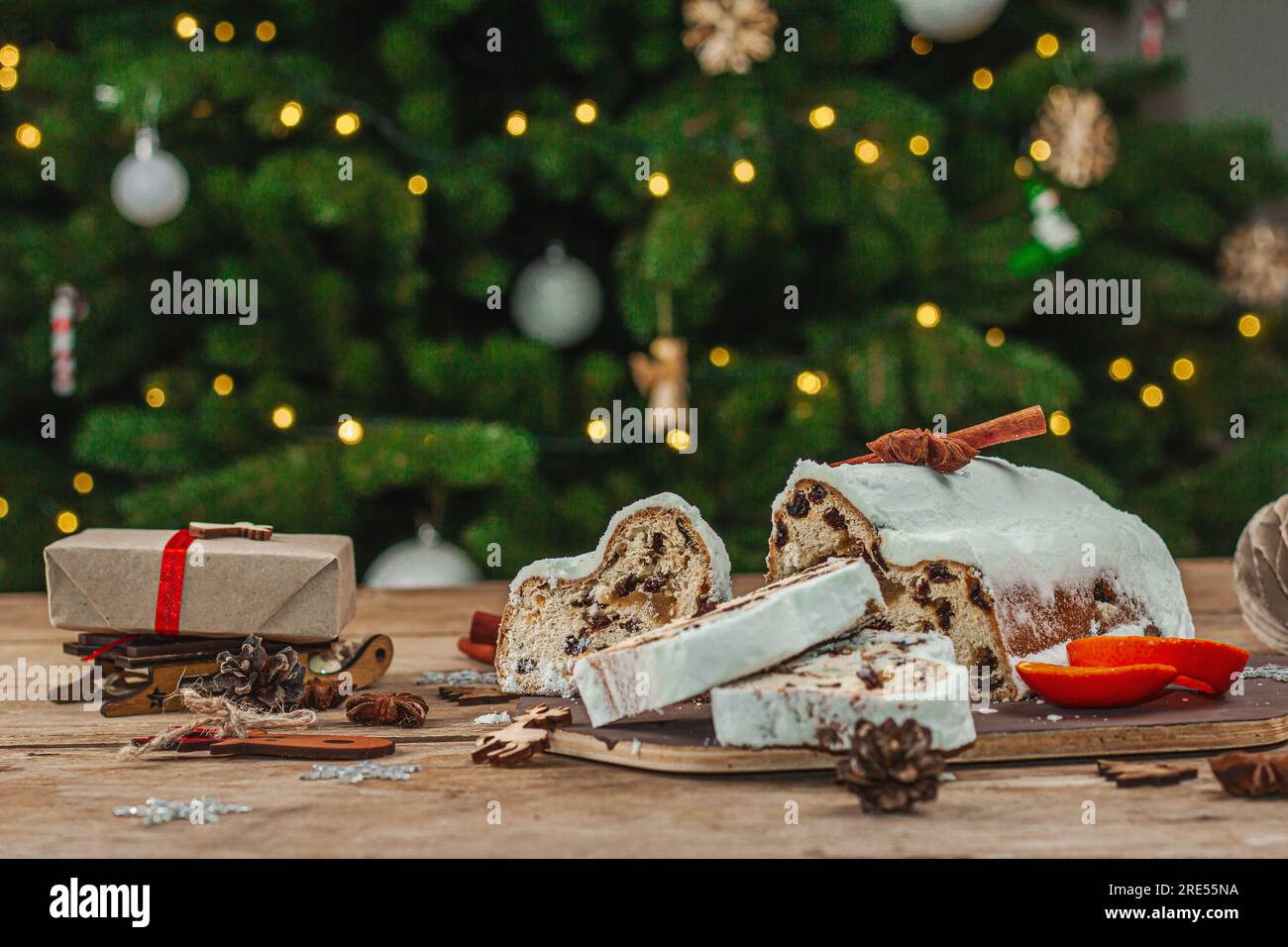 Traditional Christmas stollen, German cake. European pastry, fragrant