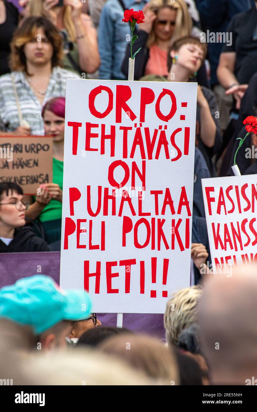 Orpo: Tehtäväsi on puhaltaa peli poikki heti!! Handmade sign at Nollatoleranssi! Rasistit ulos hallituksesta demonstration in Helsinki, Finland. Stock Photo