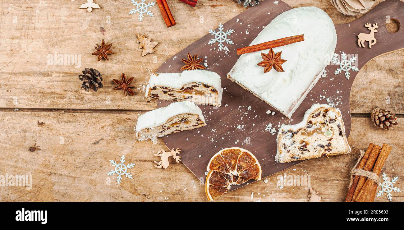 Traditional Christmas stollen, German cake. European pastry, fragrant