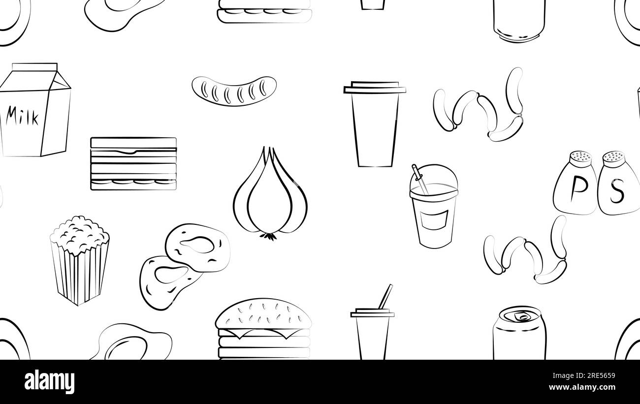 Black and white endless seamless pattern of food and snack items icons